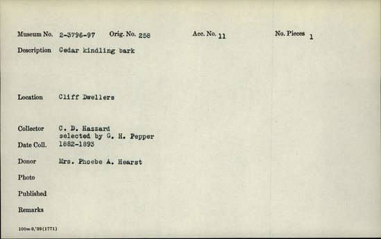 Documentation associated with Hearst Museum object titled Bark, accession number 2-3796, described as Cedar kindling bark