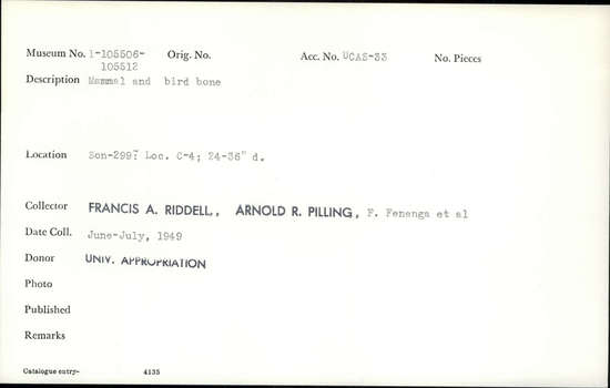 Documentation associated with Hearst Museum object titled Faunal remains, accession number 1-105508, described as Mammal and bird.