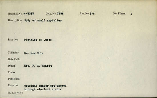 Documentation associated with Hearst Museum object titled Aryballos, accession number 4-9367, described as Body of small aryballos.