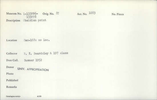 Documentation associated with Hearst Museum object titled Point, accession number 1-133996, described as Obsidian point.