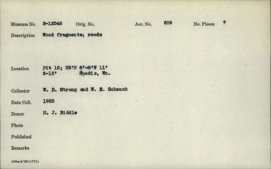 Documentation associated with Hearst Museum object titled Wood fragments, accession number 2-12548, described as Reeds.