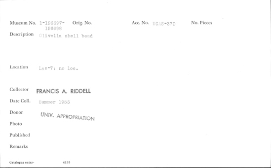 Documentation associated with Hearst Museum object titled Bead, accession number 1-196697, described as Olivella shell bead.