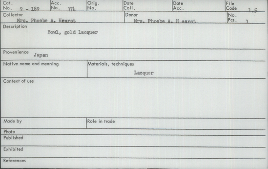 Documentation associated with Hearst Museum object titled Bowl, accession number 9-189, described as Bowl, Gold Lacquer