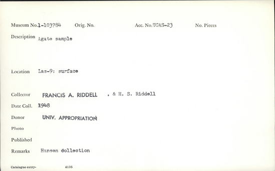 Documentation associated with Hearst Museum object titled Agate, accession number 1-103784, described as Sample.