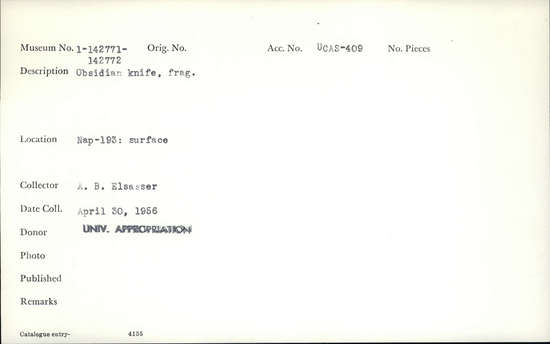 Documentation associated with Hearst Museum object titled Knife, accession number 1-142772, described as obsidian knife frag.