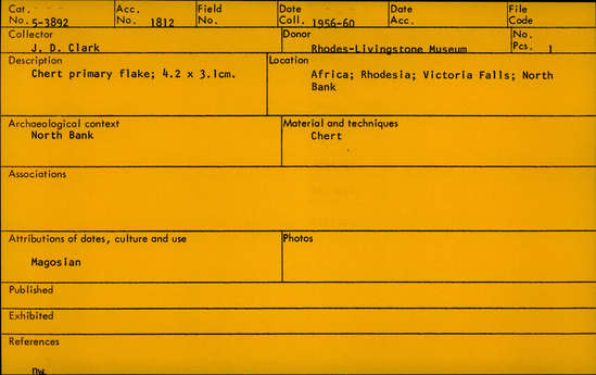 Documentation associated with Hearst Museum object titled Flake, accession number 5-3892, described as Chert primary flake