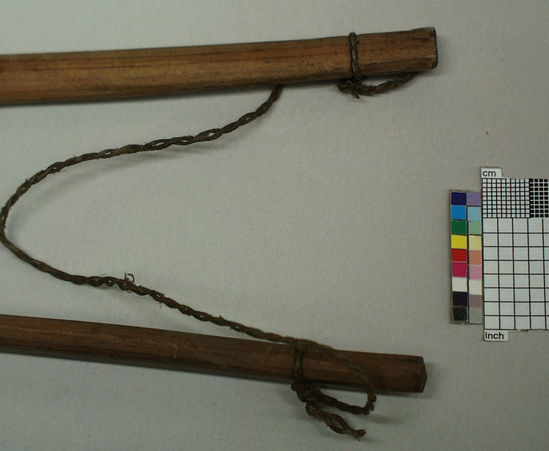 Hearst Museum object 2 of 2 titled Drumsticks, accession number 2-6485a,b, described as Wood rods.  Second original no. Neumann 502 (?).