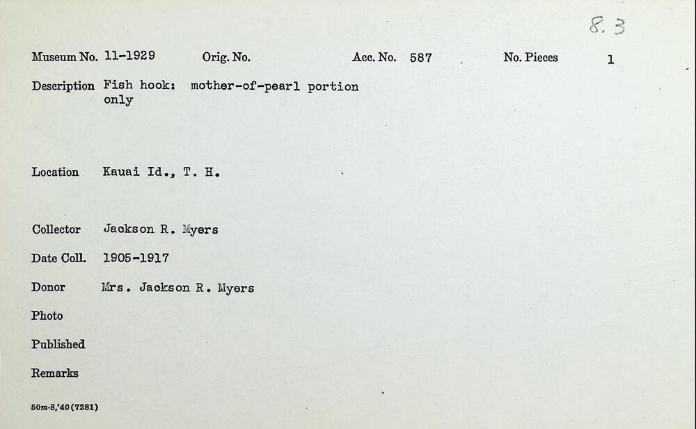 Hearst Museum object titled Makau (fishhook), accession number 11-1929, described as Mother-of-pearl portion only.