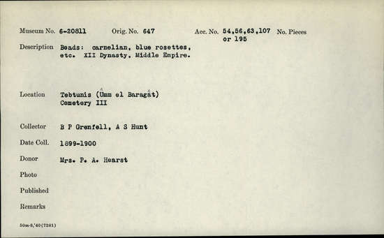Documentation associated with Hearst Museum object titled Beads, accession number 6-20811, described as beads: carnelian, blue rosettes, etc. XII Dynasty, Middle Empire