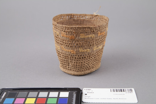 Hearst Museum object 2 of 2 titled Basket, accession number 2-37907, described as Openwork, imbricated design in orange and yellow.