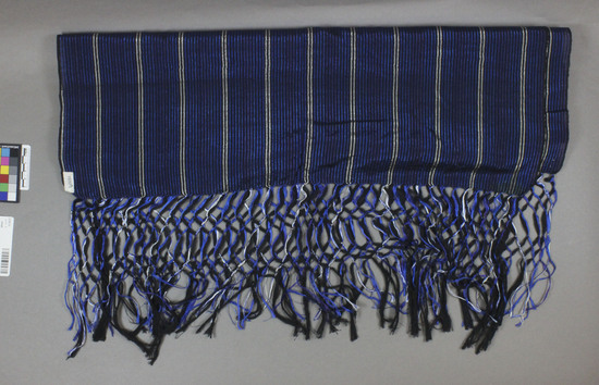 Hearst Museum object 1 of 2 titled Shawl, accession number 3-24314, described as Shawl; rayon and cotton; blue, black and white; length ca. 180 cm.