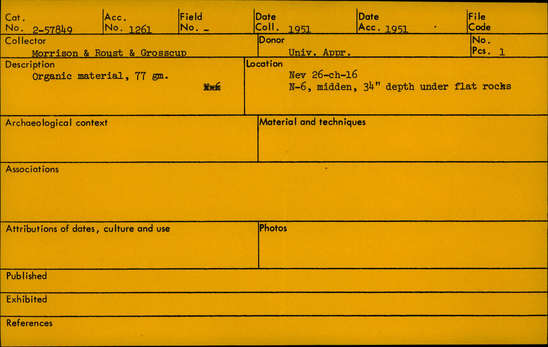 Documentation associated with Hearst Museum object titled Wood/shell/fiber sample, accession number 2-57849, described as 77 grams of organic material.