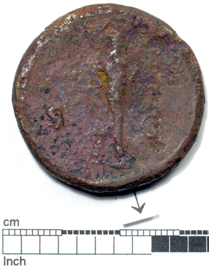 Hearst Museum object 5 of 8 titled Coin: æ sestertius, accession number 8-6040, described as Coin: Sestertius; Æ; Vespasian - 22.33 grams. Obverse: VESPASIAN AVG PM TRP ... head laureate facing right. Reverse: SC in field, figure walking right.