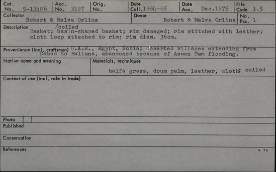 Documentation associated with Hearst Museum object titled Ornament, accession number 5-13406, described as Gar-Na = cicada- grasshopper., Kenya, Gob Ore, Rendille. Summer, 1977. 5-13406, acc no. 3332. Orig. No. 89a. File code: 5.3 Collector: Jean Colvin. Donor: Jean Colvin. Materials, techniques: Wings of insect strung on cloth thread Context of use: Worn by uncircumcised boys to indicate status of boy preparing for circumcision which occurs for all boys of a certain age set- worn hanging from neck before circumcision- is hooked around ears and worn hanging behind the head during the circumcision ceremony. Description: Necklace- 11 yellowish brown wings of grasshopper on brown string. L=28 cm. W= 5cm. References: for additional information see field sheets in acc. env.