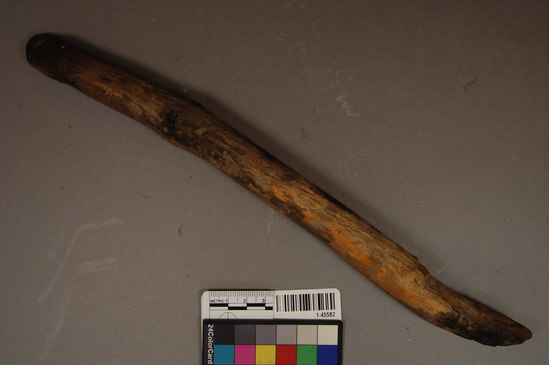 Hearst Museum object titled Stick, accession number 1-45582, described as Conifer stick, 32 cm. long burnt ends