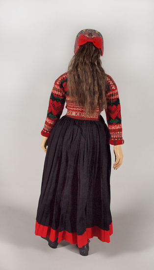 Hearst Museum object 3 of 6 titled Doll with costume, accession number 7-399, described as Female doll showing peasant’s costume of Delsbo Parish, Halsingland.  "1915" embroidered on purse and in brass.