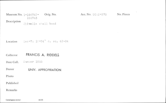 Documentation associated with Hearst Museum object titled Bead, accession number 1-196742, described as Olivella shell.