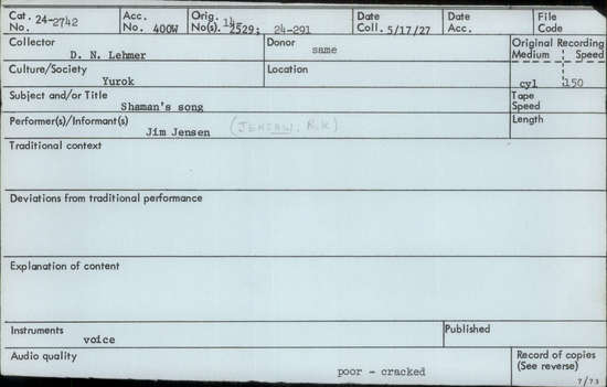 Documentation associated with Hearst Museum object titled Audio recording, accession number 24-2742, described as Shaman's Song