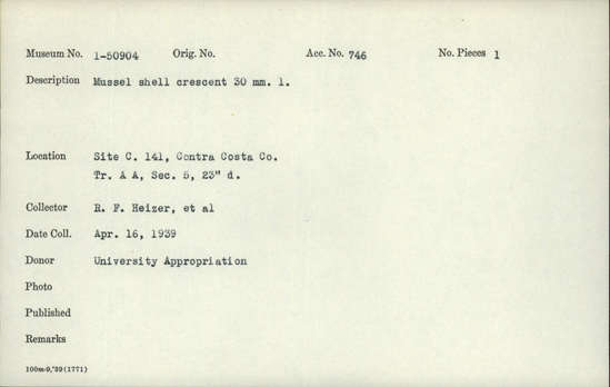 Documentation associated with Hearst Museum object titled Fishhook or ornament, accession number 1-50904, described as Mussel shell crescent