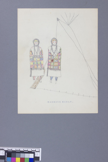 Hearst Museum object titled Drawing, accession number 17-659, described as Two Bannock girls in front of teepee. "Bannock Girls