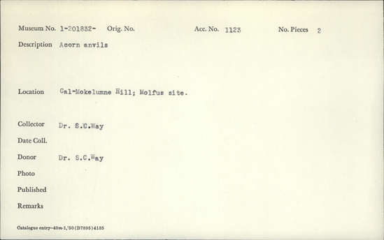 Documentation associated with Hearst Museum object titled Anvils, accession number 1-201832, described as Acorn anvils.