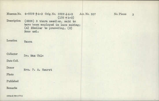 Documentation associated with Hearst Museum object titled Awl, accession number 4-8209b, no description available.