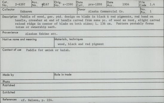 Documentation associated with Hearst Museum object titled Paddle, accession number 2-6397, described as Paddle of wood, geometric painted design in black and red pigments, red band on handle, crossbar at end of handle carved from same piece of wood as rest, slight carved raised ridge in center of blade on both sides.  Pattern probably forms totem or ownership mark.