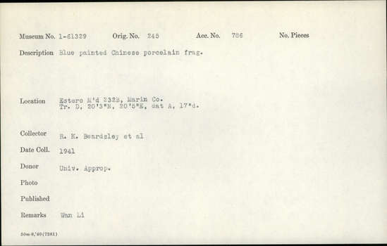 Documentation associated with Hearst Museum object titled Porcelain fragment, accession number 1-61329, described as Blue painted, Chinese.  Wan Li. Notice: Image restricted due to its potentially sensitive nature. Contact Museum to request access.