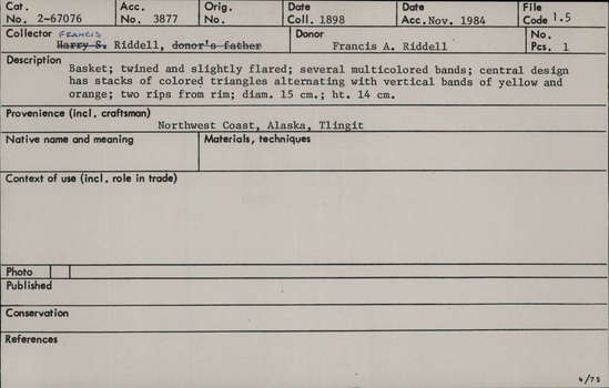 Documentation associated with Hearst Museum object titled Basket, accession number 2-67076, described as Twined and slightly flared, several multicolored bands, central design has stacks of colored triangles alternating with vertical bands of yellow and orange. Two rips from rim.