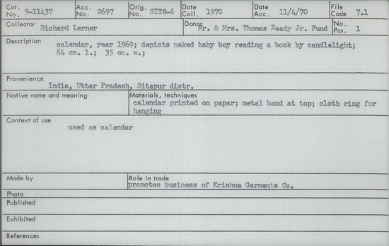 Documentation associated with Hearst Museum object titled Calendar, accession number 9-11437, described as calendar, year 1969; depicts naked baby boy reading a book by candlelight Role in trade - promotes business of Krishna Garments Co.