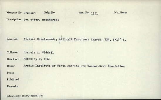 Documentation associated with Hearst Museum object titled Mammal bone, accession number 2-35430, described as Sea otter, metatarsal