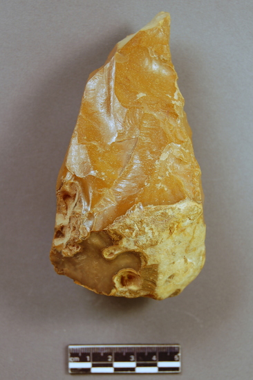 Hearst Museum object titled Handaxe, accession number 9-8662, described as Handaxe; pointed; bifacial; some natural surface; step flaking;