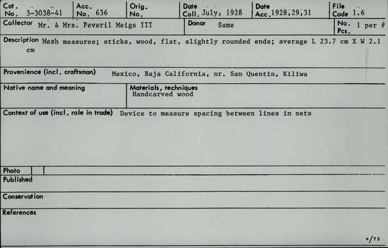 Documentation associated with Hearst Museum object titled Mesh measure, accession number 3-3041, described as Mesh measure; sticks, wood, flat, slightly rounded ends, average L 23.7 cm x w 2.1cm
