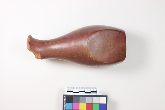 Hearst Museum object 8 of 12 titled Broken bottle, accession number 6-3214, described as Pottery: red bottle flat bottom two flat sides slender neck broken gd 8 cm, height 15 cm