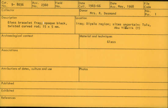 Documentation associated with Hearst Museum object titled Bracelet fragment, accession number 9-8036, described as Glass bracelet frag.; opaque black, twisted curved rod; 15 x 5 mm.