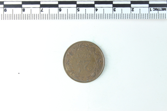 Hearst Museum object 4 of 4 titled Coin, accession number 7-2859, described as Coin: Cu; Obverse- Koning Rijk. Der. Nederlandden 1883 Reverse- 2 1/2 cent; 3.78 grams.