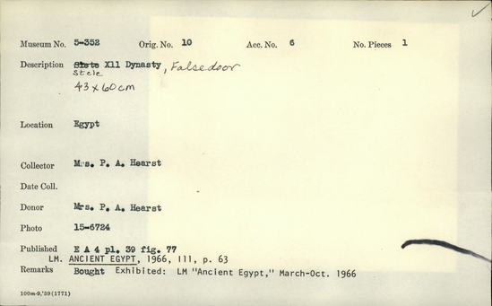 Documentation associated with Hearst Museum object titled Stela, accession number 5-352, described as Stele XII Dynasty, False door