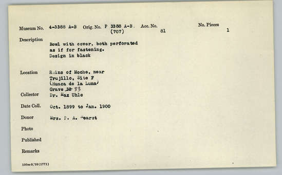 Documentation associated with Hearst Museum object titled Bowl and cover, accession number 4-3388, described as Bowl with cover, both perforated as if for fastening. Design in black