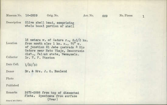 Documentation associated with Hearst Museum object titled Bead, accession number 16-2859, described as Olive shell bead; comprising whole basal portion of shell