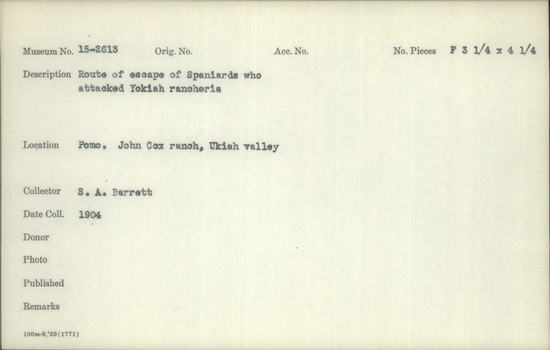 Documentation associated with Hearst Museum object titled Black-and-white negative, accession number 15-2613, described as Route of escape of Spaniards who attacked Yokiah Rancheria