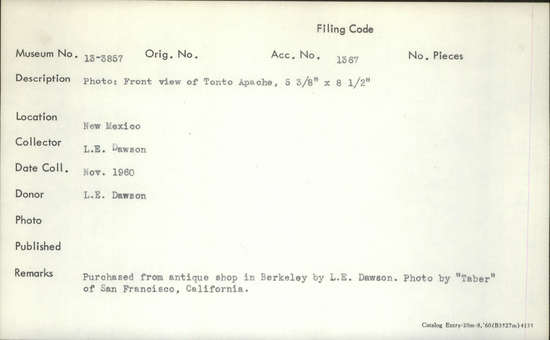 Documentation associated with Hearst Museum object titled Photograph, accession number 13-3857, described as Photo: Front view of Tonto Apache, 5 3/8" x 8 1/2