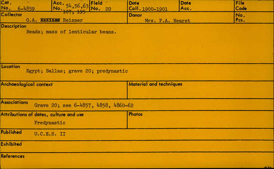 Documentation associated with Hearst Museum object titled Kola nuts, accession number 6-4859, described as Beads; mass of lenticular beans