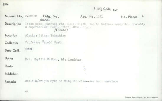Documentation associated with Hearst Museum object titled Totem pole model, accession number 2-30950, described as Totem pole model. Painted red, blue, black; top to bottom: mosquito, probably a supernatural bear (Hootz), otter.  Deals with origin myth of Mosquito clan--see acc. envelope.