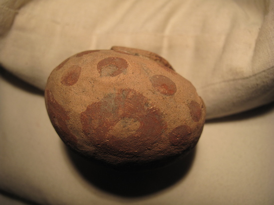 Hearst Museum object 43 of 52 titled Incomplete jar, accession number 6-5429, described as Pottery jar; small pinkish squat red dots, ear handles broken off- broken