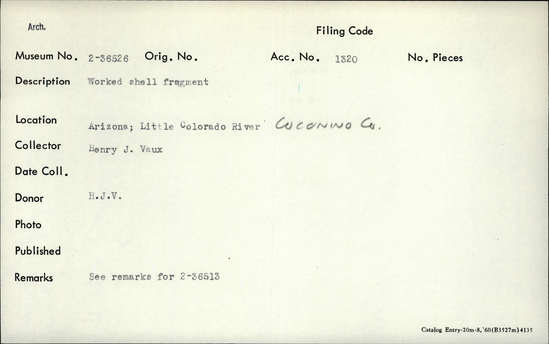 Documentation associated with Hearst Museum object titled Worked shell, accession number 2-36526, described as Worked shell fragment