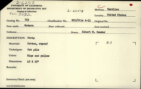 Documentation associated with Hearst Museum object titled Textile, accession number 2-62518, described as Strip; cotton, rayon?, cut pile, blue and yellow