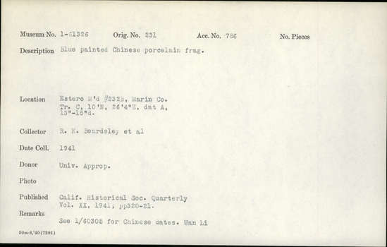 Documentation associated with Hearst Museum object titled Porcelain fragment, accession number 1-61326, described as Blue painted, Chinese.  Wan Li.