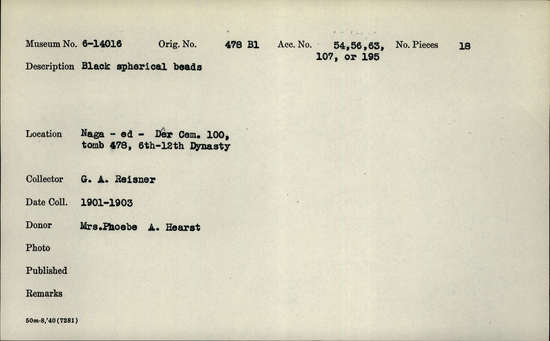 Documentation associated with Hearst Museum object titled Beads, accession number 6-14016, described as Black spherical (ball) beads.