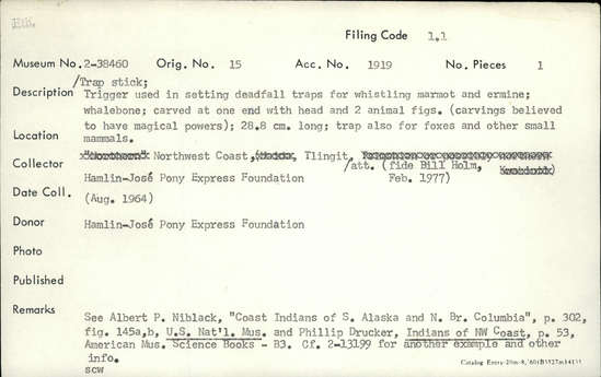 Documentation associated with Hearst Museum object titled Trigger, accession number 2-38460, described as Trap stick. Made of whalebone; carved at one end with head and 2 animal figures (carvings believed to have magical powers).