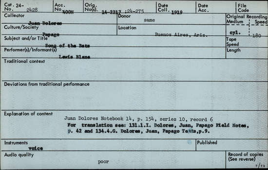 Documentation associated with Hearst Museum object titled Audio recording, accession number 24-2428, described as Song of the Bats Notebook 14, p.154 Series 10, Record 6